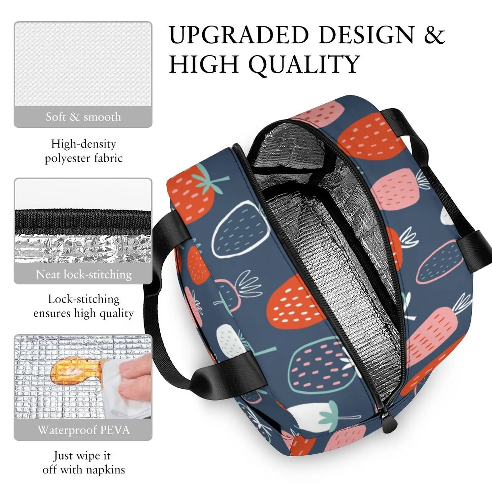 Custom Pattern Tote Lunch Bags for Women Dark Blue Fruit Print Portable Meal Bag Picnic Travel Breakfast Box Office Work School