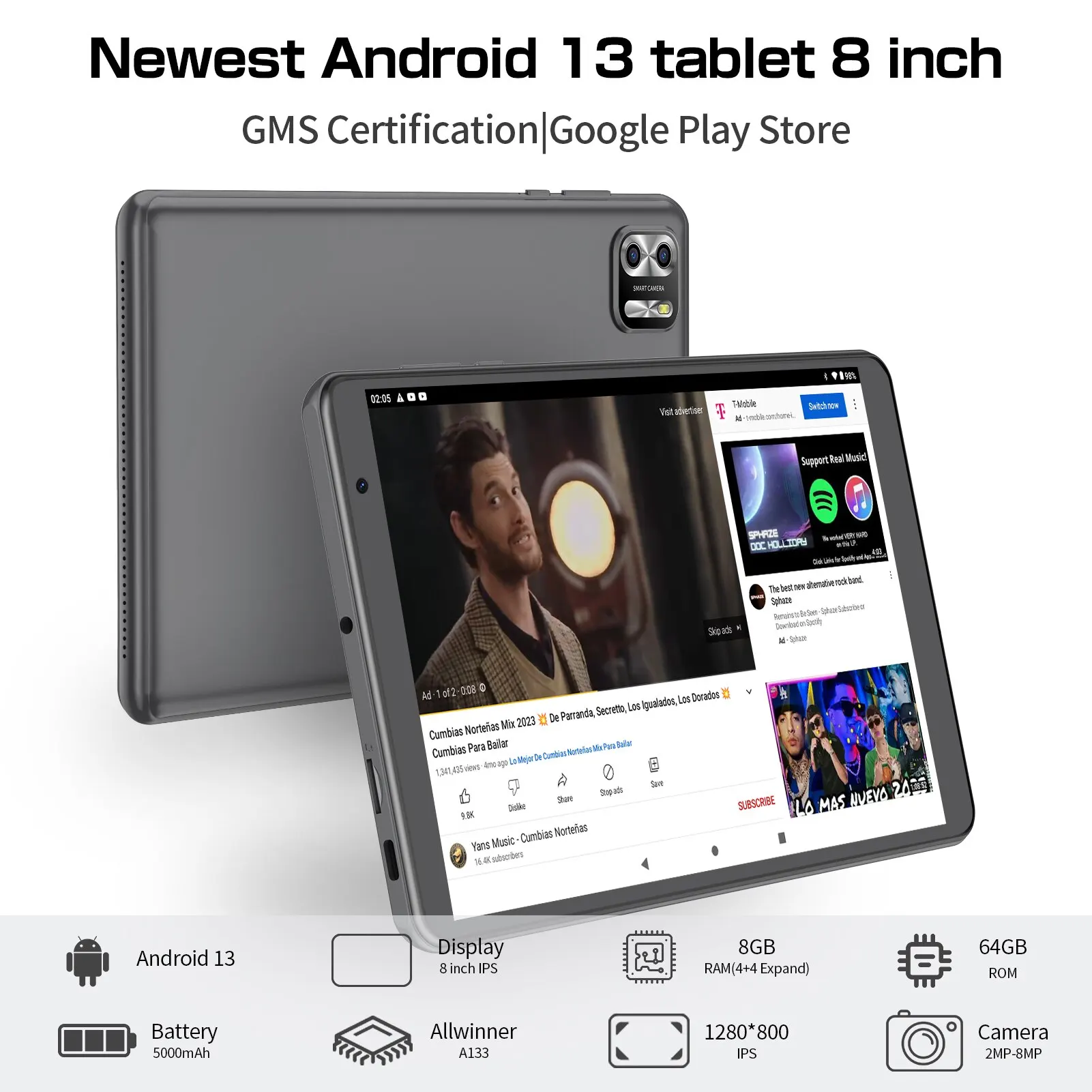 ITOM-Tablette Android 13 avec Wi-Fi, 8 Go de RAM, 4 + 4 Go de RAM, 64 Go de ROM,1 To de ROM, écran IPS 1280x800, batterie 5000mAh, caméra pour touristes, magasin