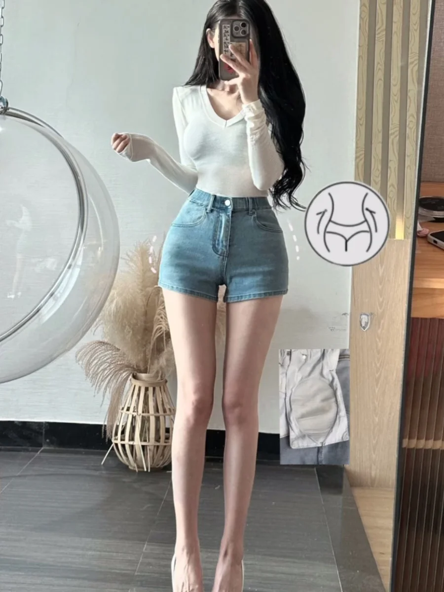 High Waist Denim orts Women's Sexy Slimming Butt Lifting Pad Inteated American Spicy Girl Light Blue Jeans orts