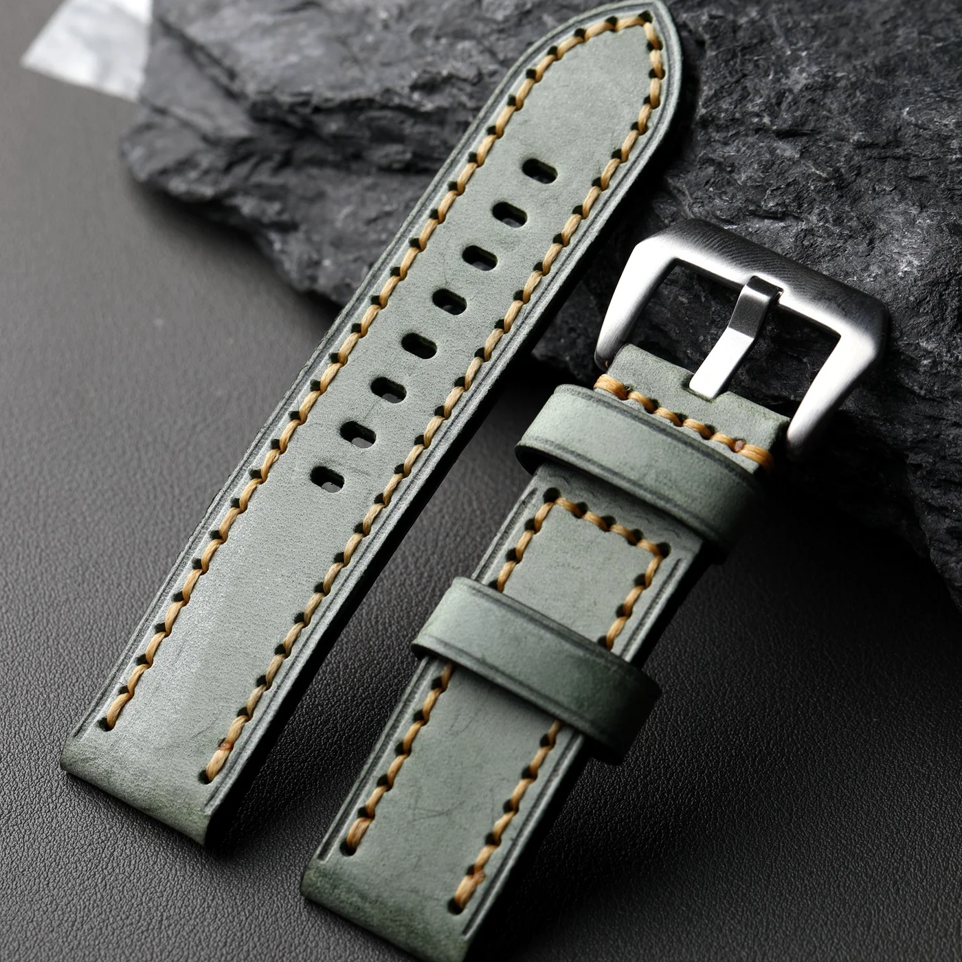 Luxurious Handmade Italian Cowhide Leather Strap in Green Grey