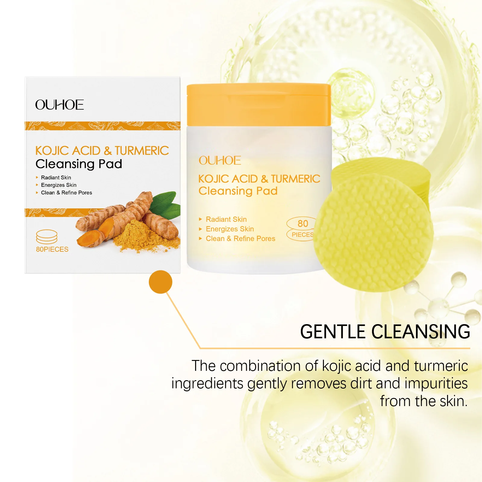 OUHOE Turmeric Kojic Acid Exfoliating Cleansing Pads Fade Dark Spot Oil Brightening Moisturizing Whitening Facial Sponges Cotton 4