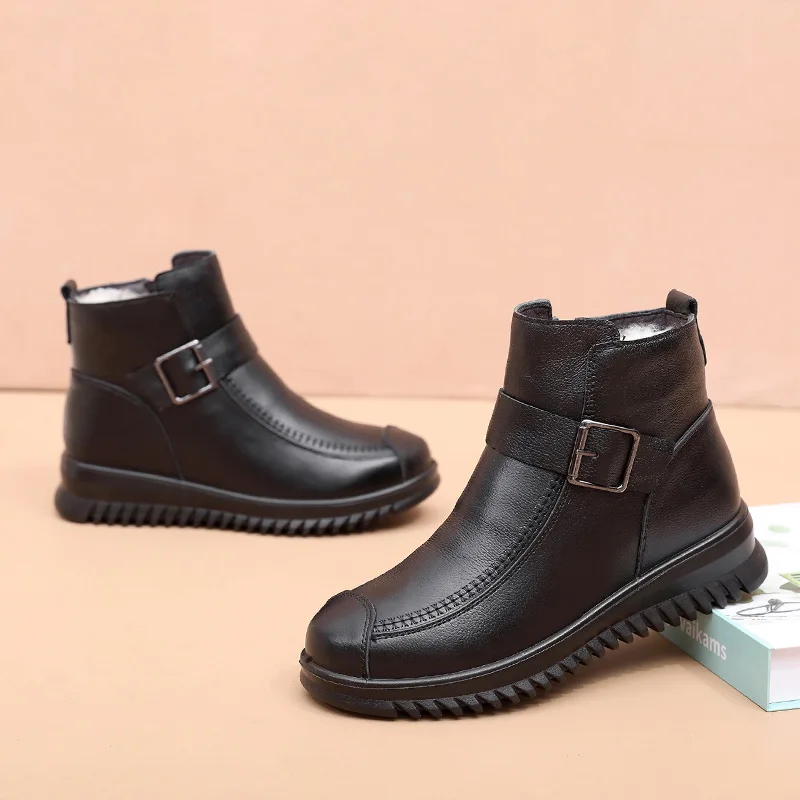 2023 Winter New Women's Thick Plush Warm Non-slip Snow Boots Genuine Leather Waterproof Women Flat Casual Shoes Mother Booties