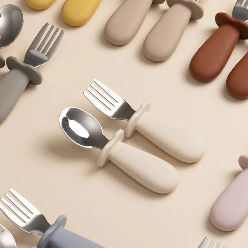 2pcs/Set Baby Tableware Children Utensil Stainless Steel Food Feeding Spoon Fork Set Infant Toddler Silicone Dinnerware Cutlery 6