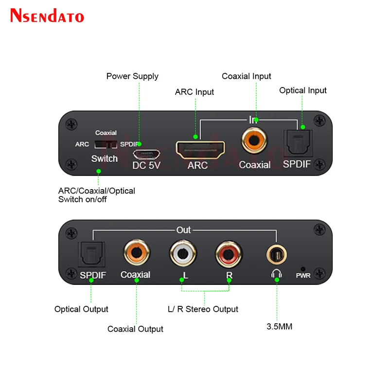 HDMI ARC DAC Audio Extactor Converter HDMI ARC To RCA Audio Adapter Optical Coaxial to 3.5mm Digital to Analog Audio Converter
