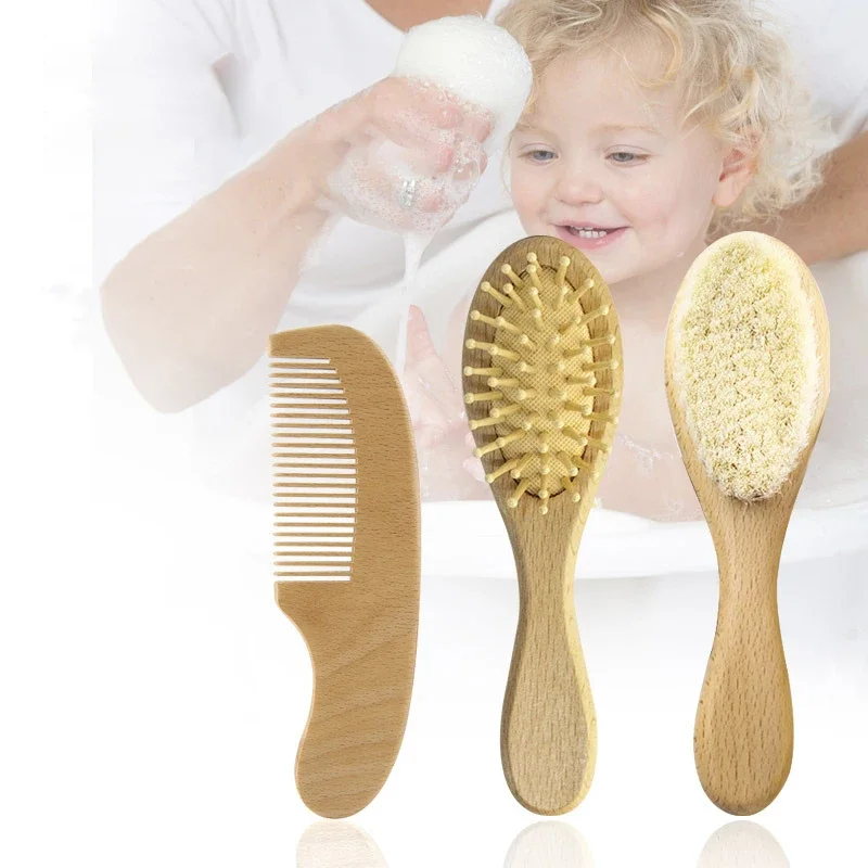 Portable Baby Wooden Brush Natural Soft Wool Comb Head Care Soft Massager Brush Infant Hair Comb for Newborn Bath Supply