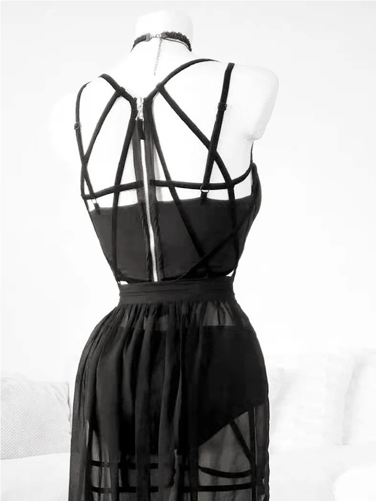 AltGoth Gothic Nightclub Sexy Skirt Set Women See Through Mesh Backless Crop Tops Emo Alt Punk High Waist Underpants Skirt 3pcs 3