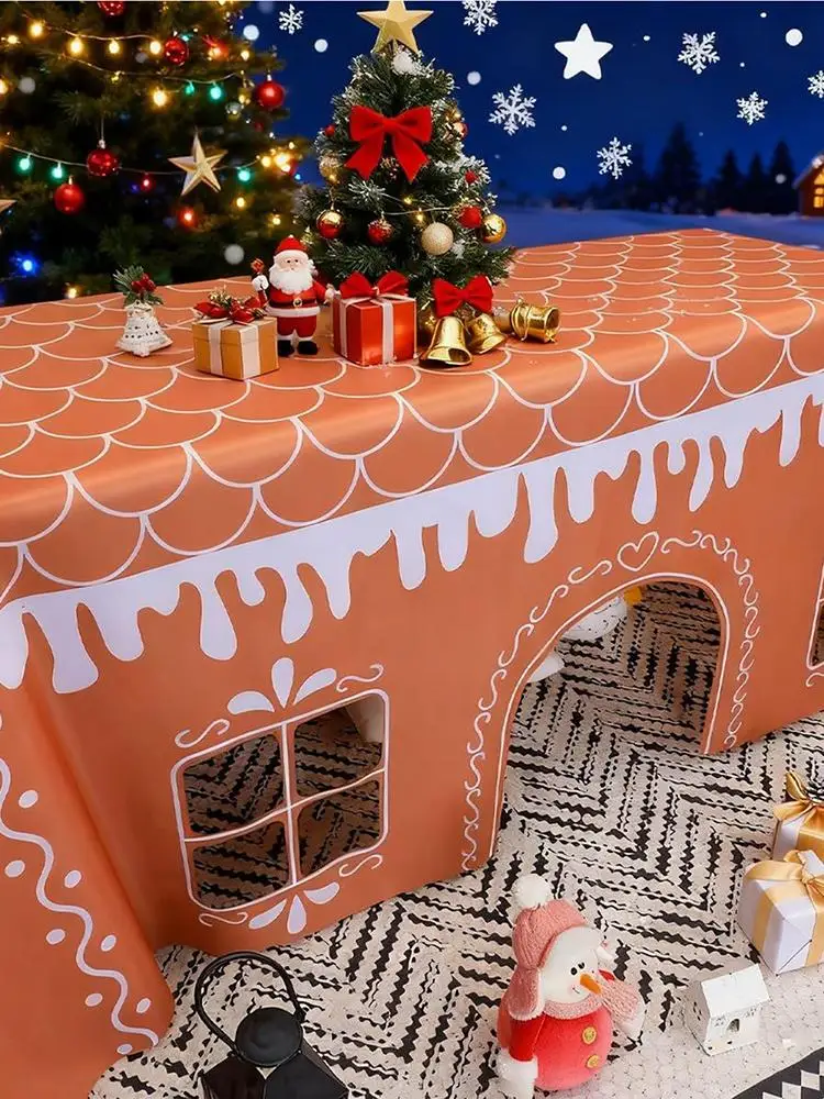Christmas Tablecloth Gingerbread House Reusable Decorations Farmhouse Table Runner For Party Dining Room Kitchen Tablecloth