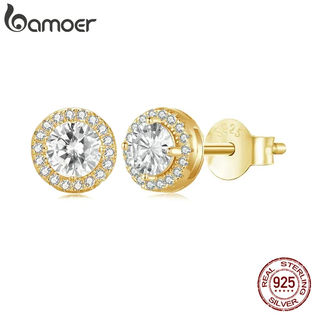 BAMOER Gold Plated Classic Halo Stud Earrings, 925 Sterling Silver Hypoallergenic Elegant Earrings Engagement Wedding Jewelry 1