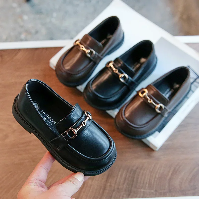 Kids Leather Shoes Spring Girls British Boys Soft Mary Janes Metal Fashion Casual Slip-on Loafers