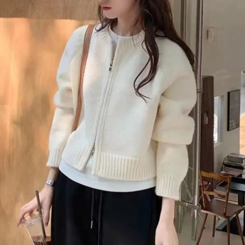 New Autumn and Winter Women's Clothing Solid Color Women's Cardigan Long-sleeved Sweater Casual Fashion Zipper Knitwear O Neck