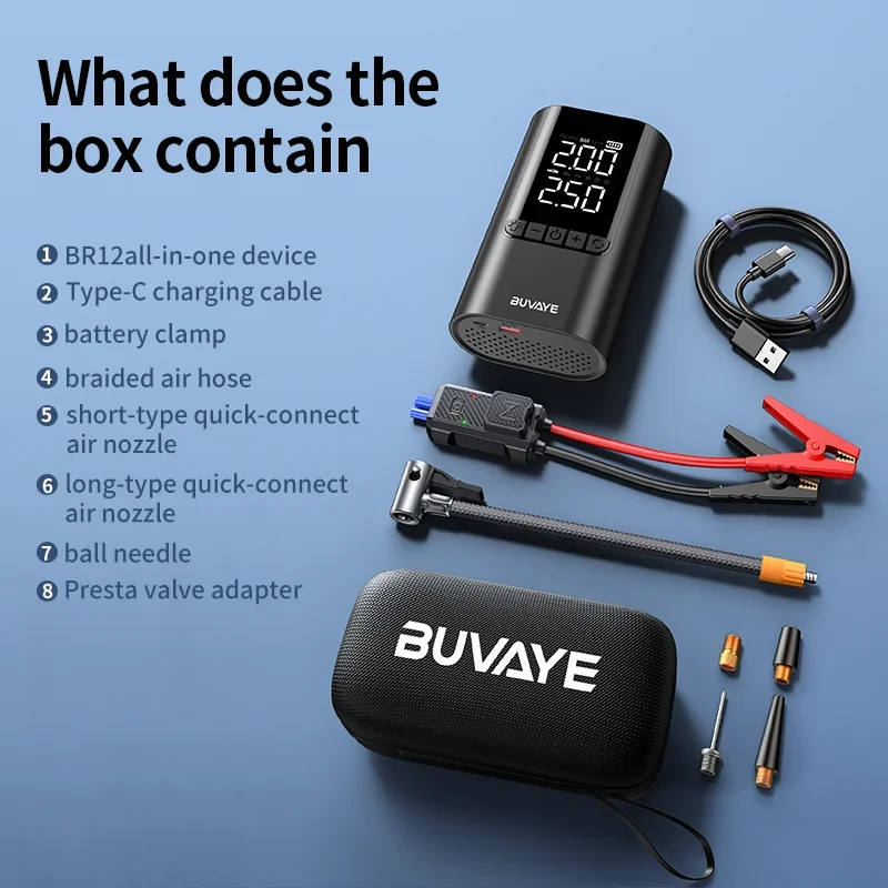 BUVAYE 10000mAh Jump Starter 12V Avviamento batteria per auto con compressore d'aria 150PSI Gonfiatore per pneumatici Scatola di salto portatile per pneumatici per veicoli - immagine 6