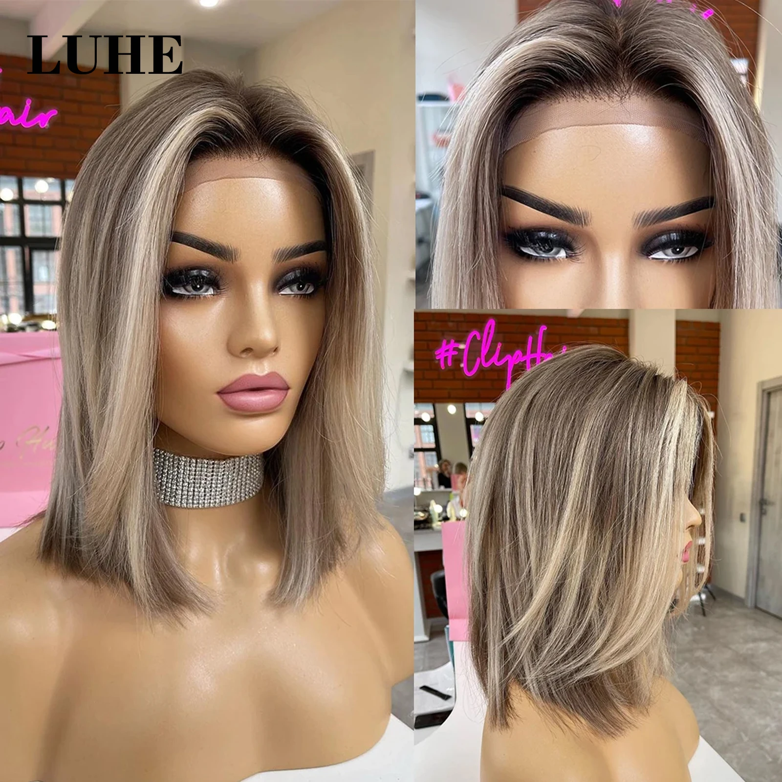Lace Front Wig Ombre Ash Blonde Highlight Color Short Straight Bob Synthetic Hair for Women Daily Use 13x3