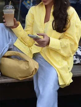 Women's Casual Yellow Long Sleeve Shirt With Pocket Fashion Loose Oversize Streetwear 2025 Summer Vertical Stripes Button Blouse 1