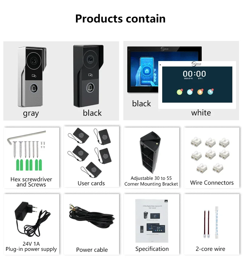 ANJIELO 2 Wire Visiophone Doorbell Video Intercom System for Home Metal Door Pho