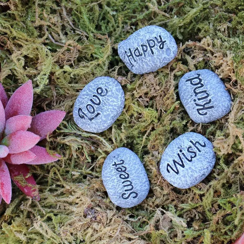 5PCS Bonsai Decorative Rocks Faux Resin Decorative Planter Stones Waterproof Succulent Pebbles Warm Letter Design Garden Decor