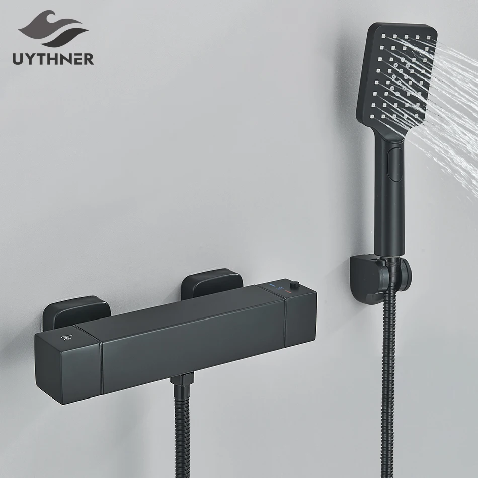 Thermostatic Shower Set Black/Chrome Brass Wall Mounted Bathroom Shower Thermostat Mixer Valve Handle Spray Bathroom Accessories