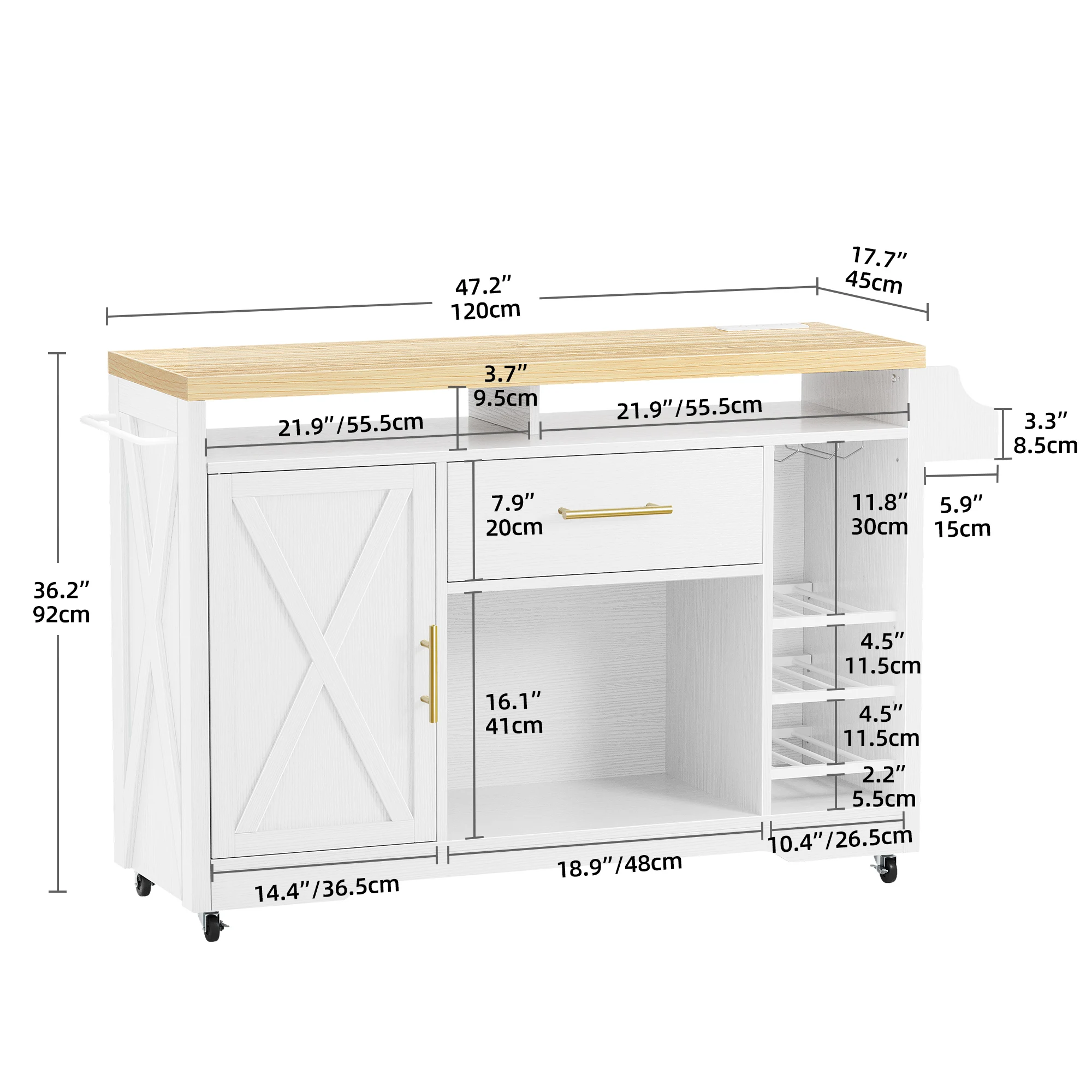 Farmhouse 53" Kitchen Island On Wheel Rolling Kitchen Island Cart w/Power Outlet