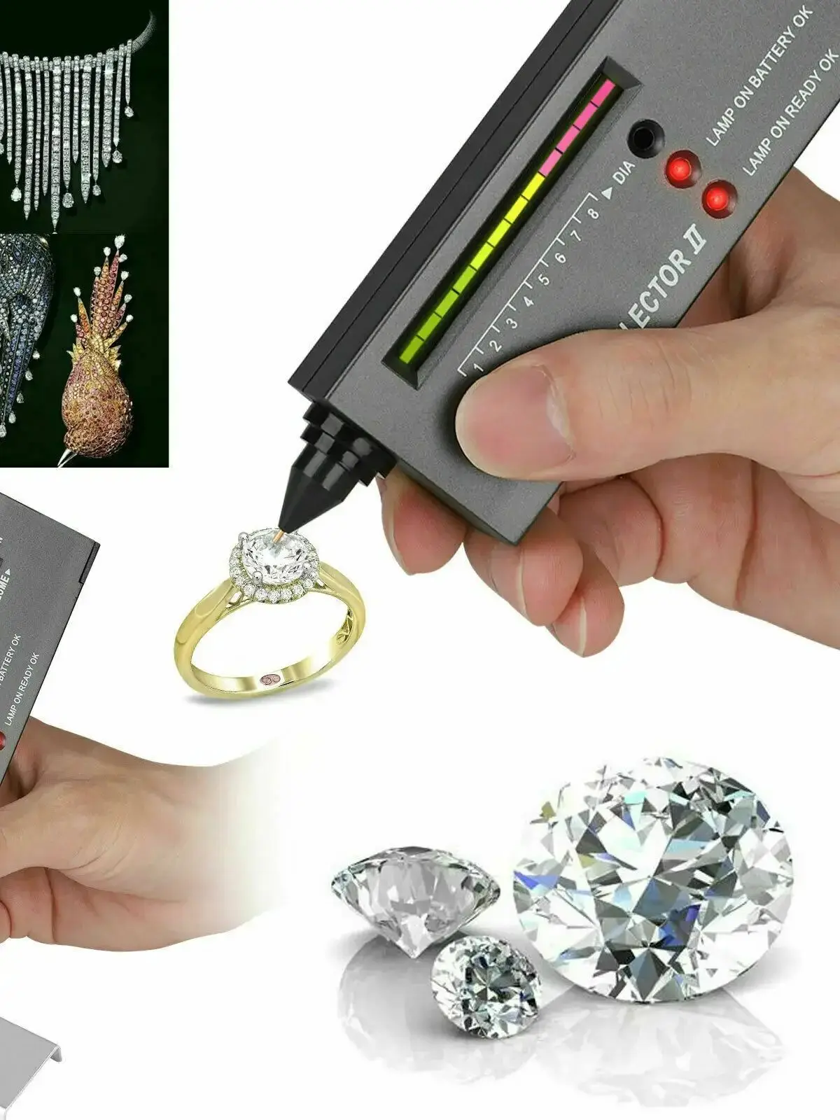 Vista frontal da caneta testadora de diamantes