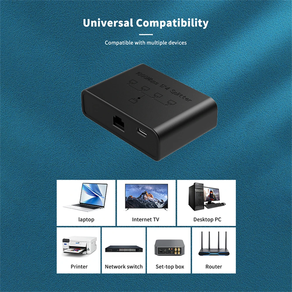 High-Speed 4-Port Gigabit Ethernet Network Splitter