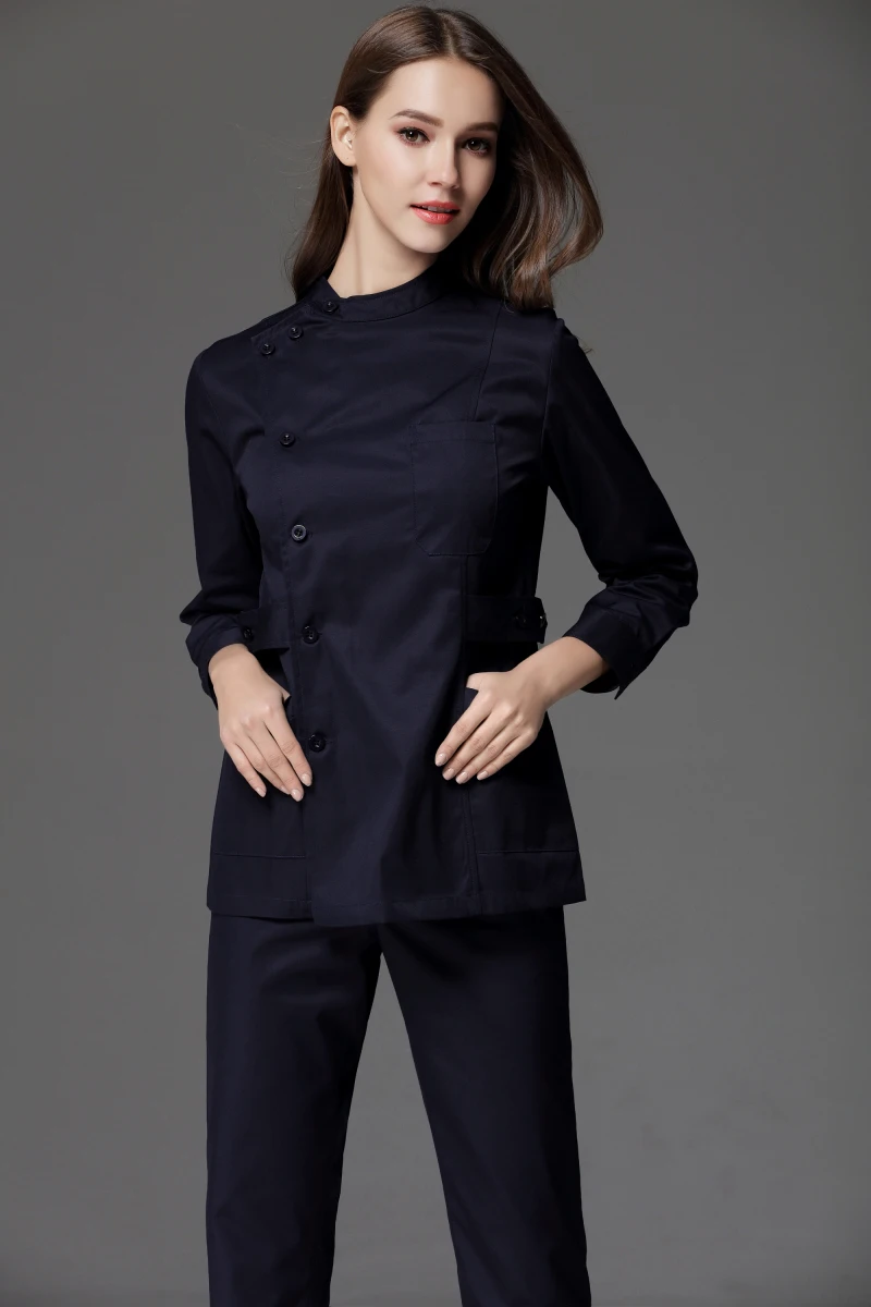 

Winter Front Side Button Opening Long Sleeve Nurse Uniform Women Skin Caring Dental Clinic Top and Pant Working Outwear