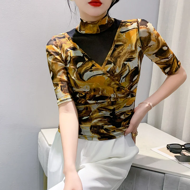 

#8583 Turtleneck T Shirt Women Split Joint Mesh Vintage Tshirt Femme Tight Short Wrap T-shirt Half Sleeve Office Tie Dye Printed