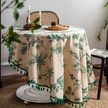 Tovaglia rotonda con stampa foglie verdi Tovaglia Boho in cotone e lino con nappe per la decorazione della festa di Natale del ristorante della cucina 1