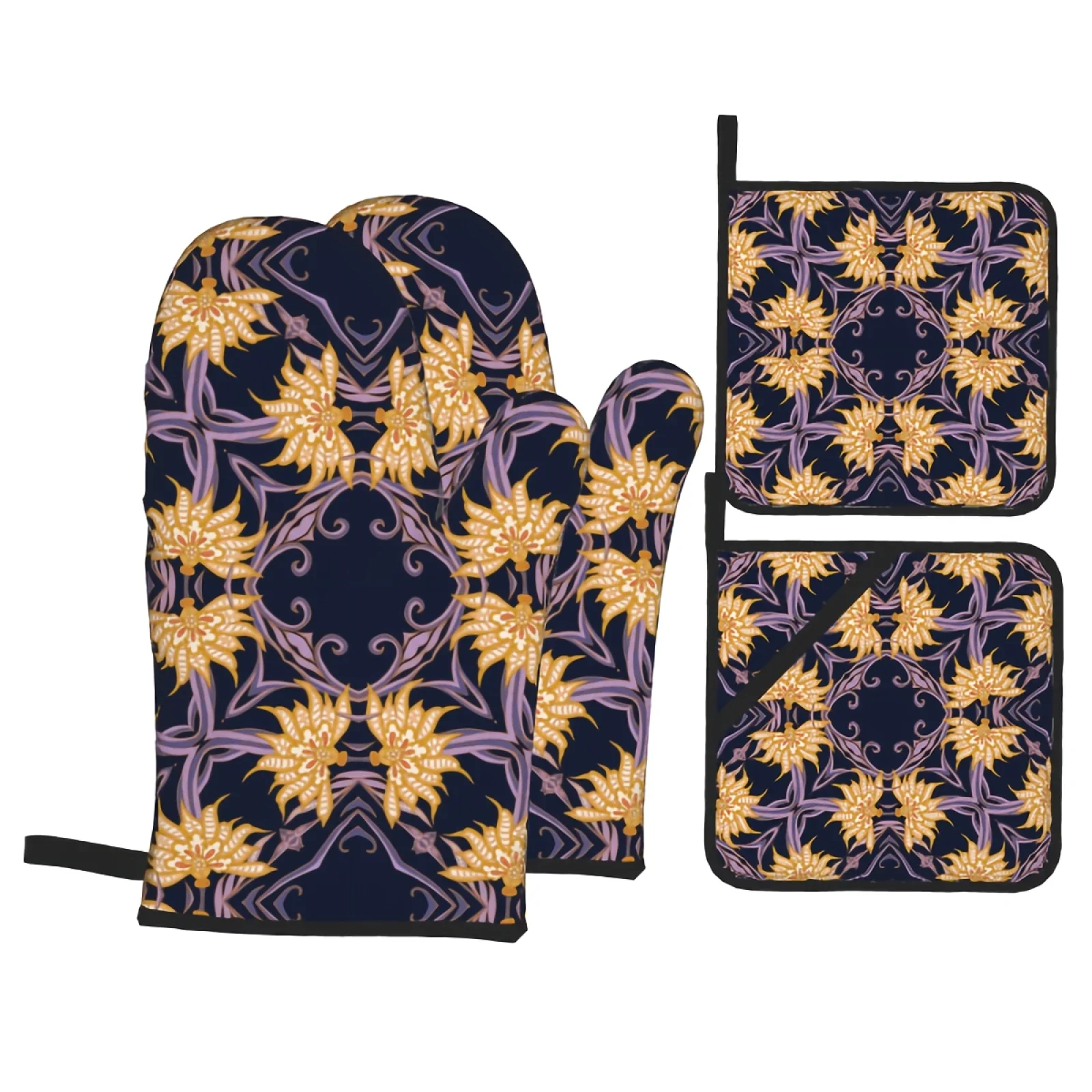 

Oven Mitts and Pot Holders Set Art Flowers Kitchen Mittens with Potholders Surface for Baking Cooking BBQ