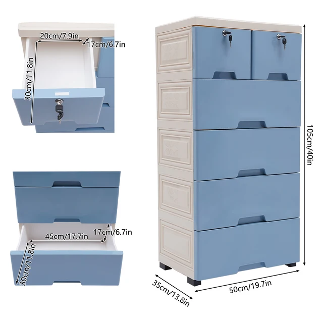 Pink & Blue Classic 6 Drawers Storage Cabinet W/4 Wheels Modern Plastic Drawer Dresser Multi-purpose Bedroom Closets Organizer 5