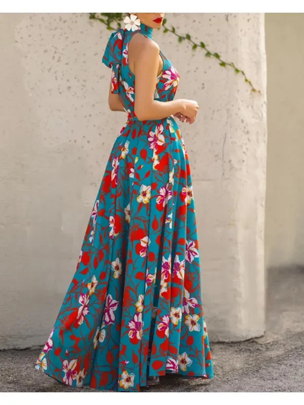 

Платье женское вечернее облегающее без рукавов, с цветочным принтом и лямкой на шее