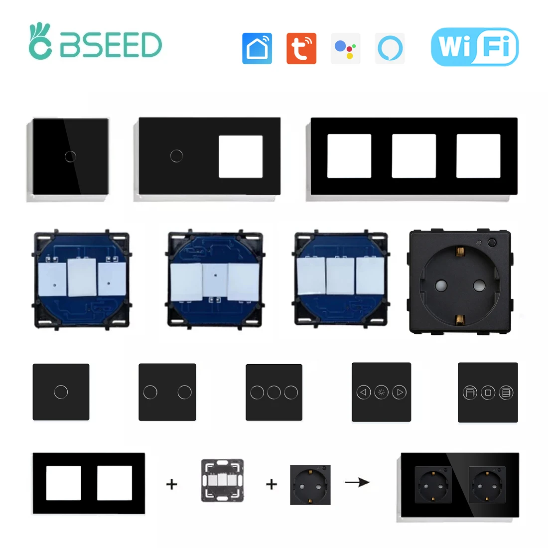 Сенсорная деталь для розетки Wi-Fi BSEED, умный выключатель с функцией Wi-Fi, сделай сам, детали для розеток ЕС, Wi-Fi, стеклянная панель только черного цвета