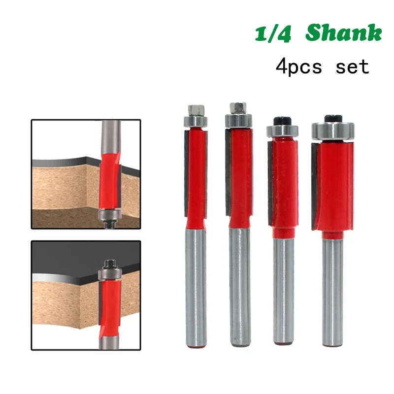 

4pcs 1/4" End Dual Flutes Ball Bearing Flush Router Bit Straight Shank Trim Wood Milling Cutters for Woodworking