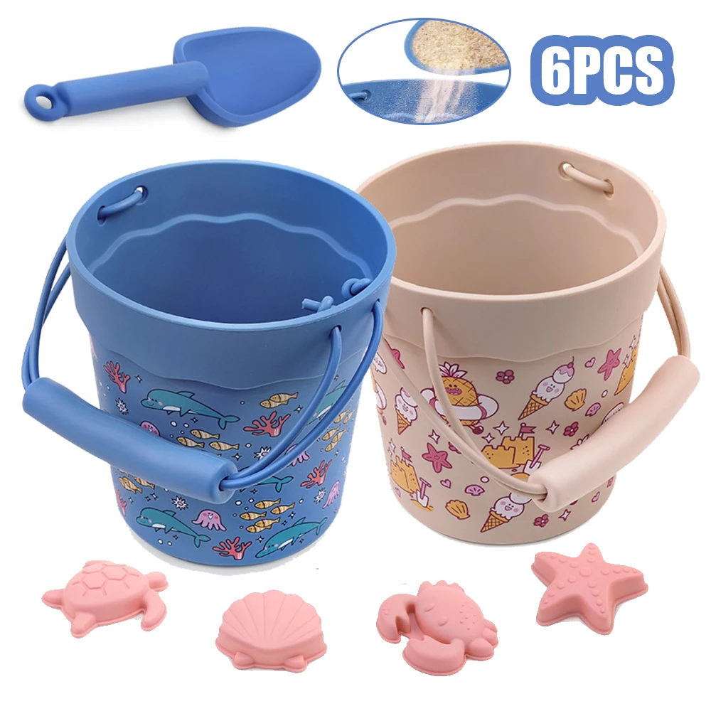 6Pcs Cartoon Summer Beach Game Sabbia Secchio Pala Silicone Sandbox Outdoor Water Fun Beach Toys Regali Per Bambini Giocattoli Di Sabbia Per Bambini