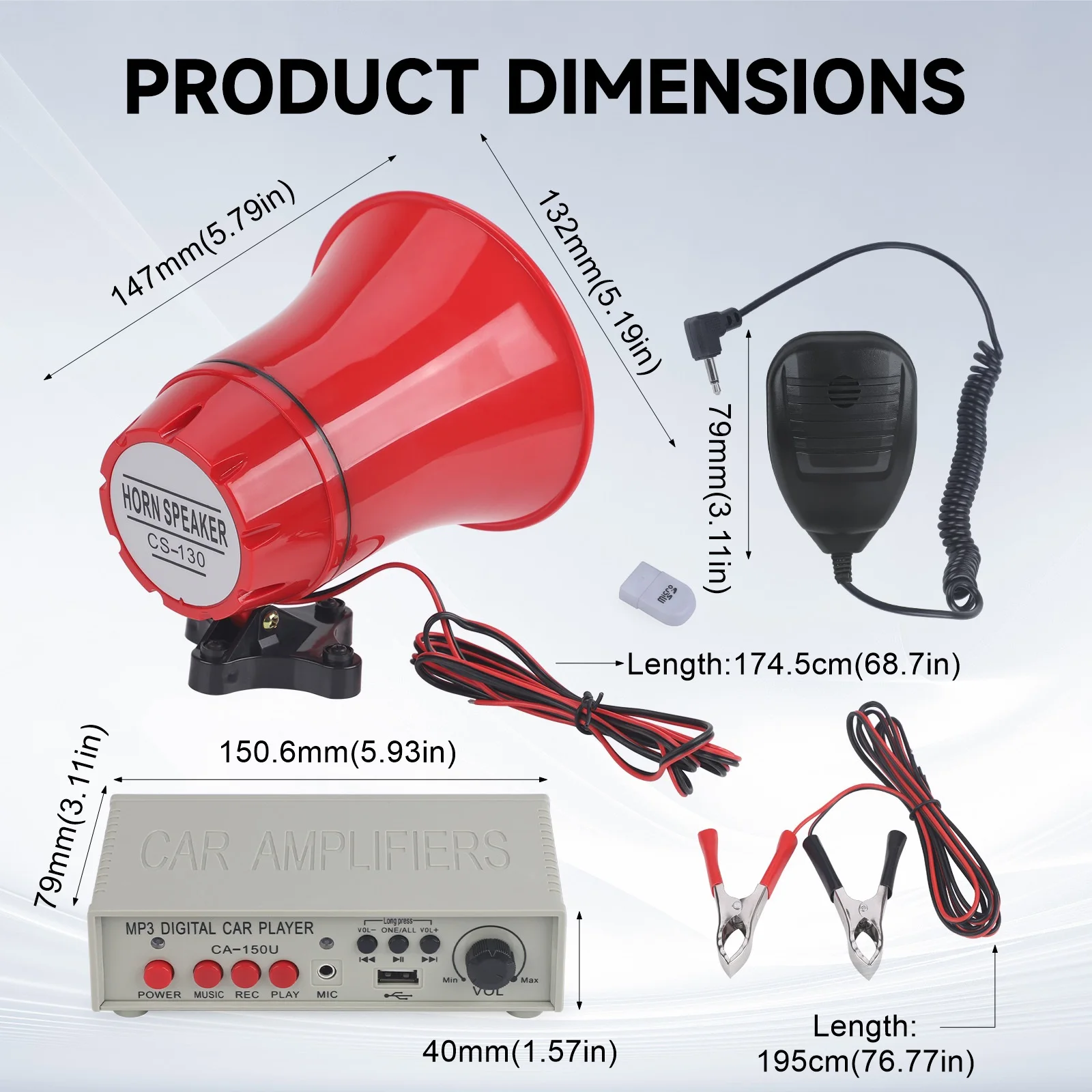 범용 멀티톤 클락슨 경적 12V-24V 130dB 자동차 알람 사이렌 경적(앰프, 마이크 시스템, MP3 플레이어 및 TF 카드 리더 포함)