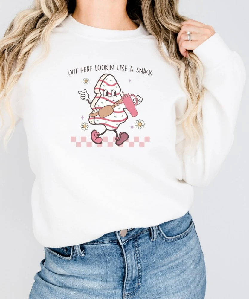 Boujee Out Here Lookin Like A Snack Sweatshirt Christmas Tree Cake Shirt Crewneck Cute Funny Pullover Top Winter Women Clothes custom products are purchased from here