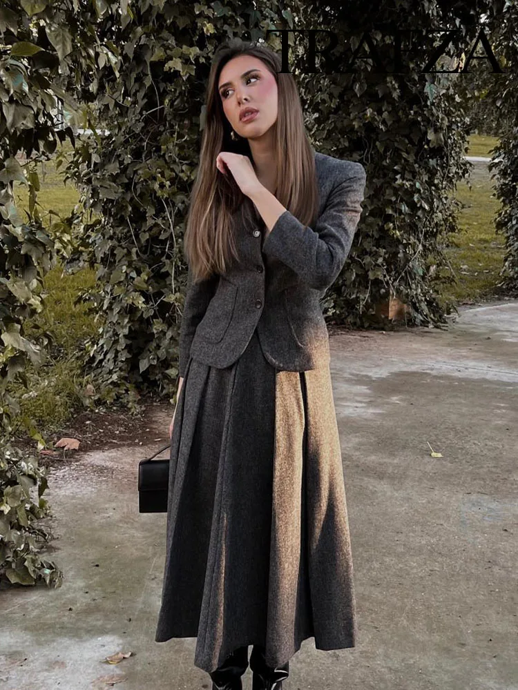 TRAFZA 2023 Autumn Women Fashion Sets Solid V Neck Tight Blazer + A Line Loose Comfortable Minimalism Style Female Long Skirt 4