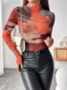 Autumn T-Shirts 2025 Women's Casual Patchwork Long Flare Sleeve Mock Neck Skinny Fit Basics T-Shirts