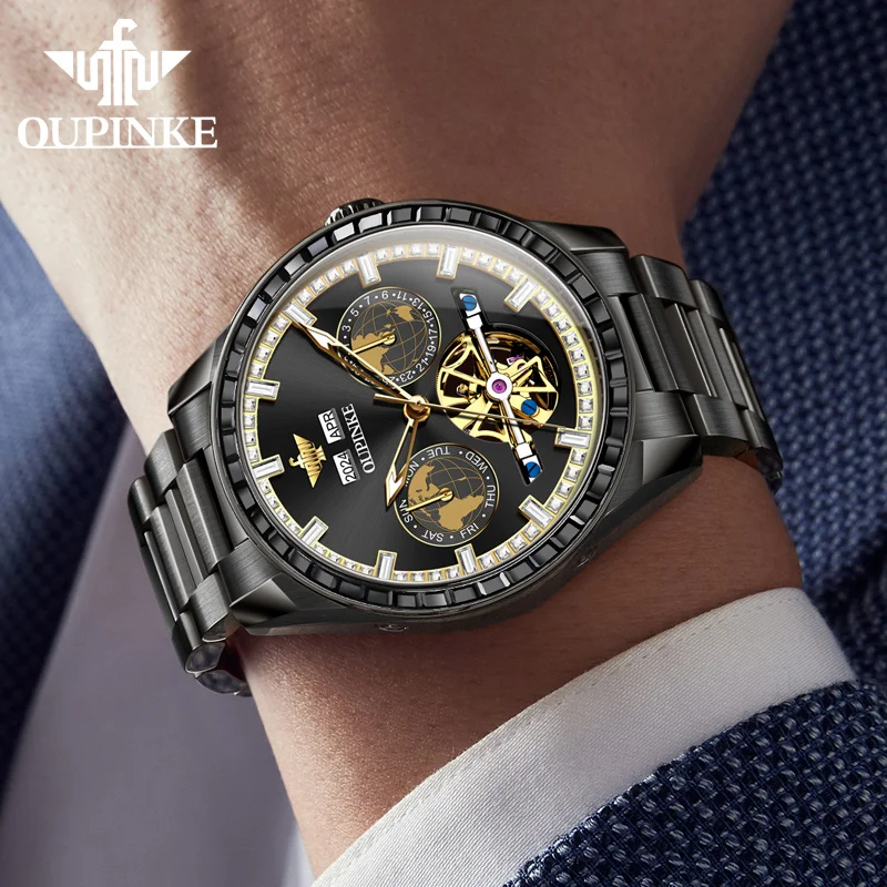 OUPINKE 3280 Hollow Skeleton Mechanical Men Watch Luxury Fashion Auto Date Watch For Men Deep Waterproof Business Man Wristwatch 3