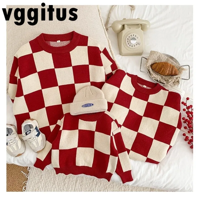 

Spring Winter Parent-child Chessboard Grid Patchwork Pullover Sweater New Year Knitwear Mother and Daughter Lovers Top H530