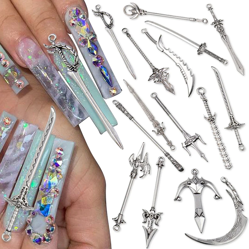 

10PCS Alloy Nail Charms 3D Weapons Nail Accessories Sword Knife Gun Bow Weapons Charms for Jewelry Making DIY Nail Design