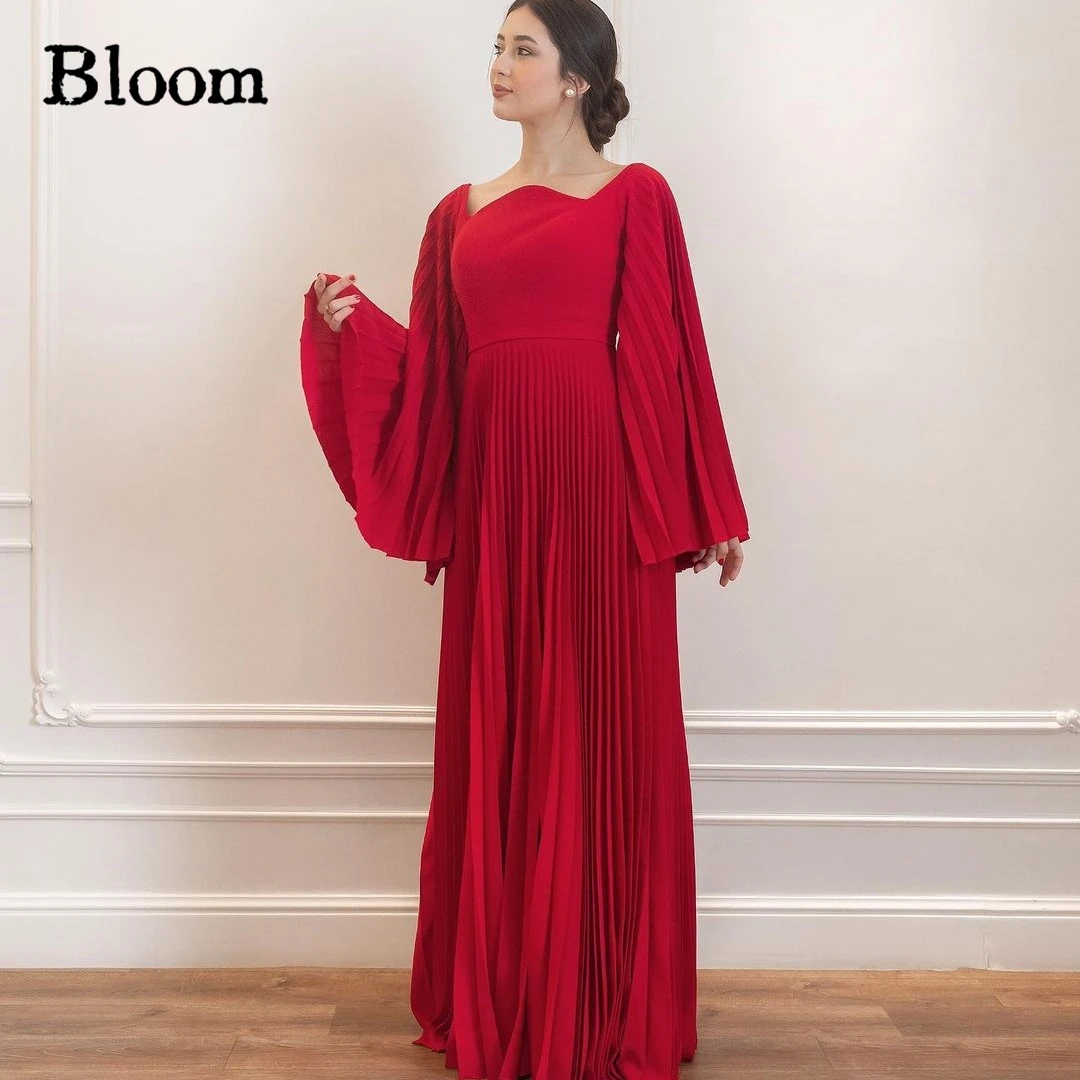 

Bloom Pleated Long Flare Sleeves Prom Dresses Special Neckline Floor Length A-line Red Elegant Evening Dresses Formal Party Gown