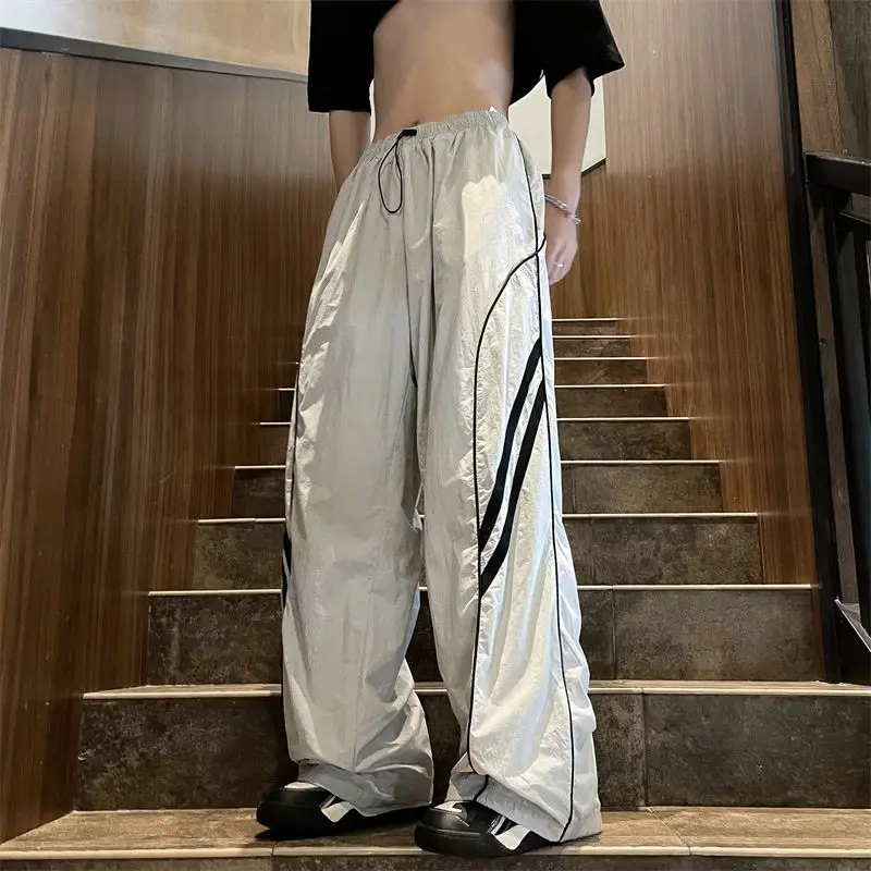 Summer Fashion Versatile Thin Stripe Pants Men Solid Patchwork Drawstring Pockets American Loose Quick Drying Sports Trousers