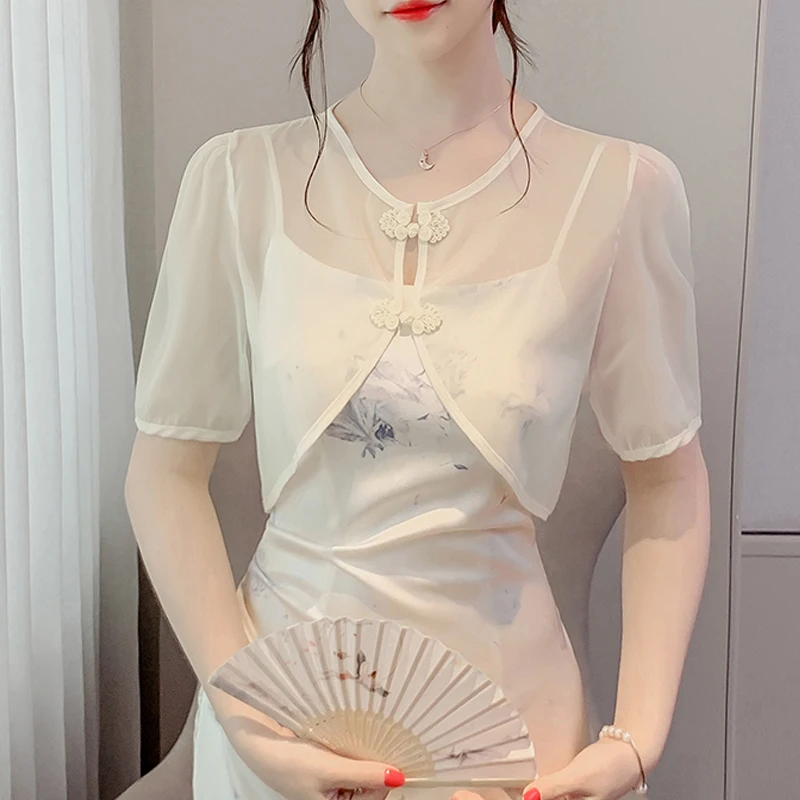 

Летняя короткая женская шаль с коротким рукавом и круглым вырезом, шифоновая рубашка в китайском стиле, блузка, женские топы, модные женские топы, 2024, Verano J58