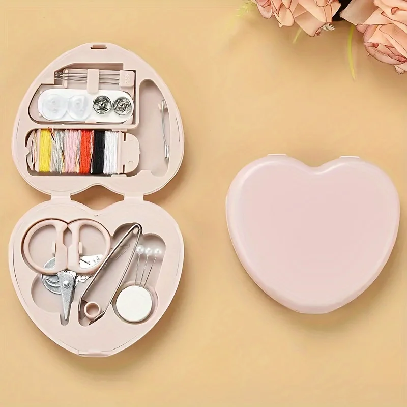 Heart Sewing Kit Portable Plastic Box Thread Needles Buttons Complete Set for Travel Home Wedding  Cute Heart Design Gift