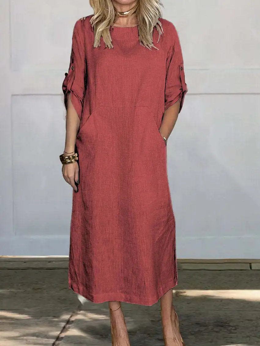 Autumn New Cotton Women's Dress Fashionable Solid Color Loose Casual 6