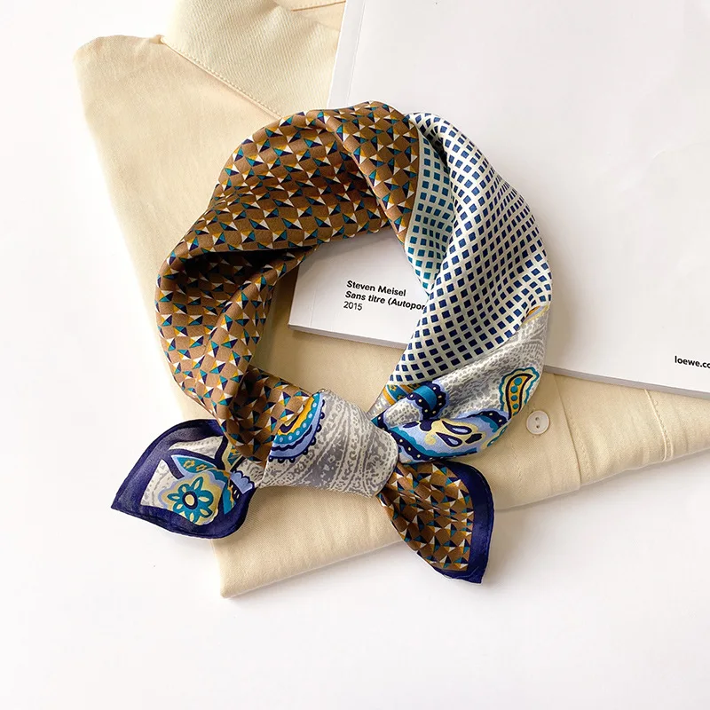 100% Natural Real Silk Scarf 53CM Square Women Summer Cashew Splice Print Scarves Bandana Foulard Bag Scarfs Ladies Hairbands 2
