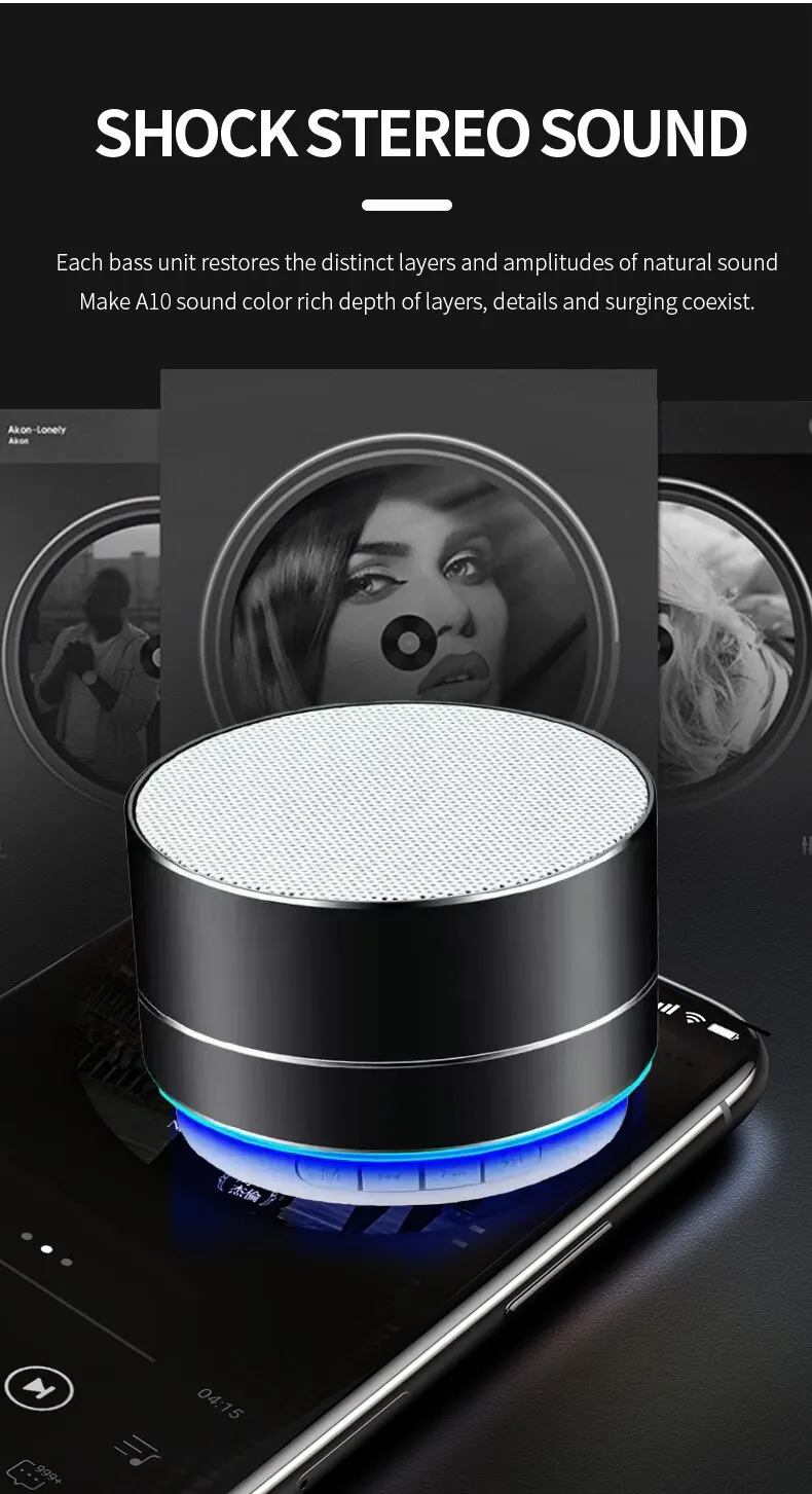 A10 Aluminum Alloy Metal Wireless Bluetooth Speaker Mini Portable for Mobile Phone TF Card PC