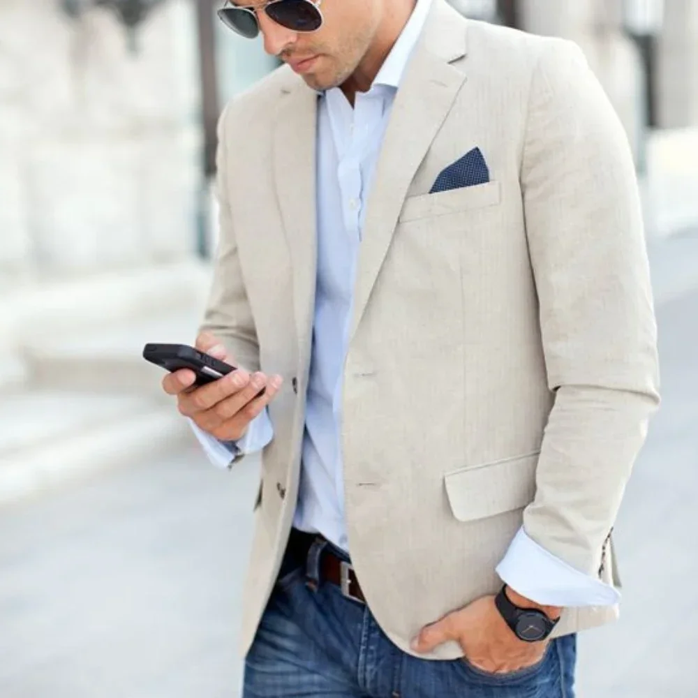 Men Suit Jacket Linen Casual Slim Fit Blazer Beach Coat Male Tuxedo mens suits