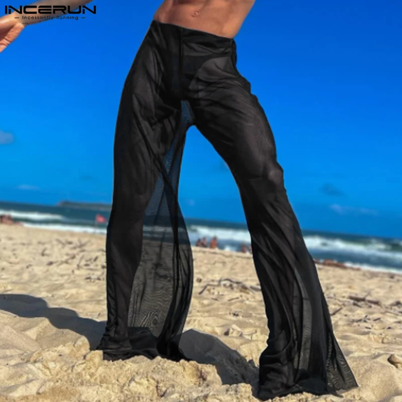 

2024 Men Wide Leg Pants Mesh Transparent Loose Elastic Waist Trousers Men Streetwear Sexy Solid Color Fashion Pantalon INCERUN