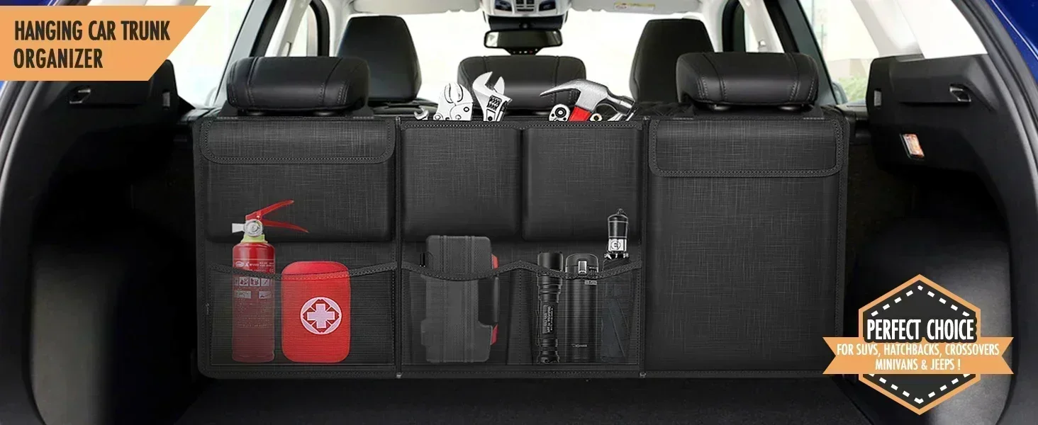 Hanging Trunk Organizer For SUV - Super Capacity Foldable Storage Bag With 7 Pockets, Adjustable Straps
