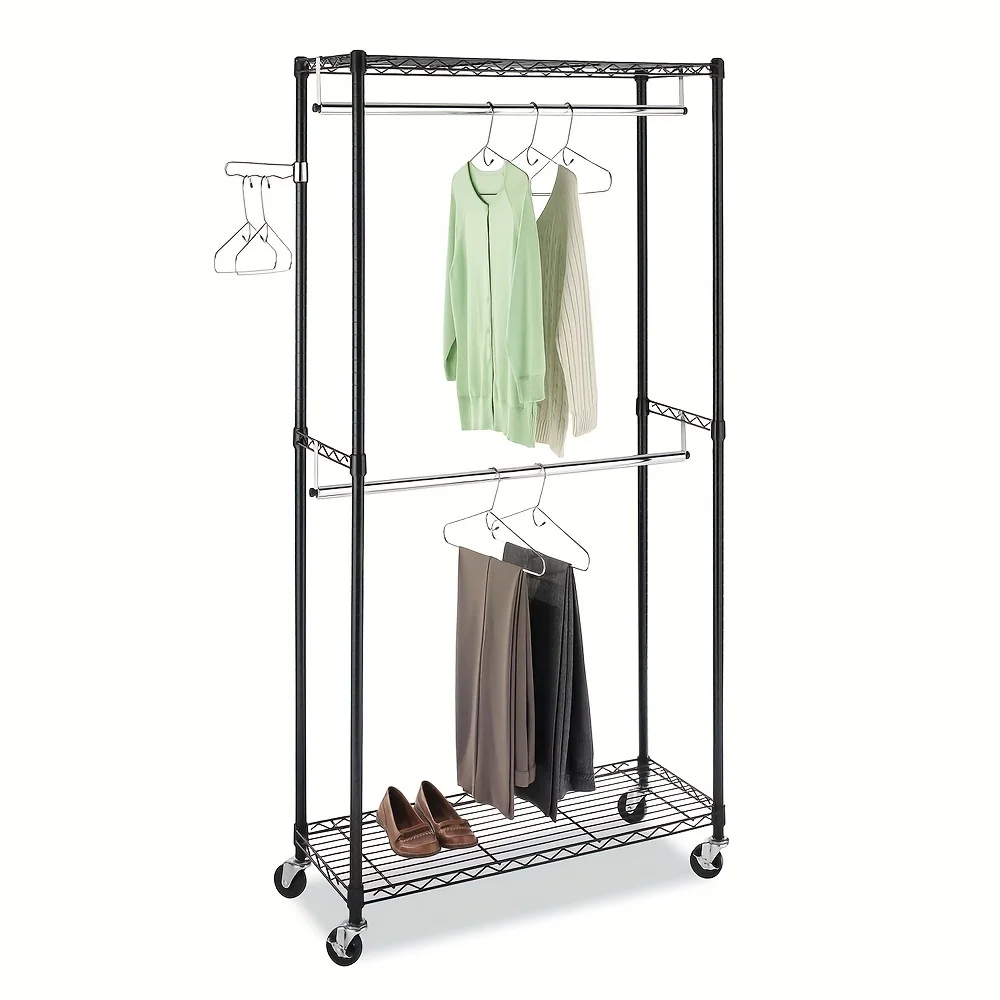 

1pc Adjustable Double-Rod Metal Clothes Rack With Wheels, Bedroom Garment Storage, Rolling Hanging Rack For Balcony, Outdoor, Bl